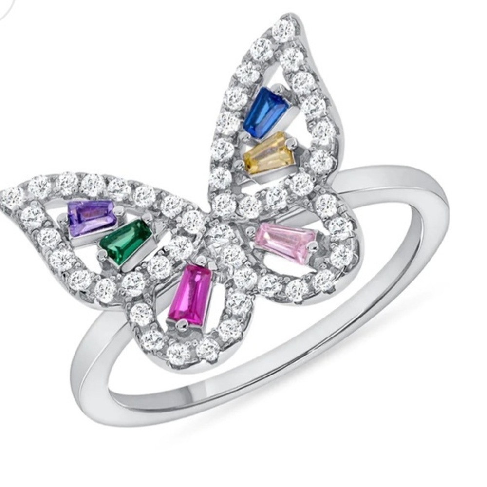 Sterling Silver 925 Rhodium Plated Rainbow Butterfly Ring sizes 5 6 7 8 9 10 11